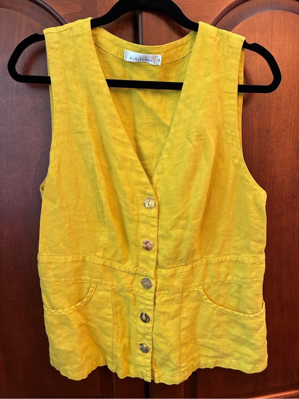 90’s linen earthy vest marigold yellow made in USA front v neck lagenlook